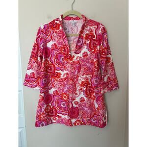 Jude Connally Pink Paisley Blouse Collared Tunic Top 3/4 Sleeve Size Medium